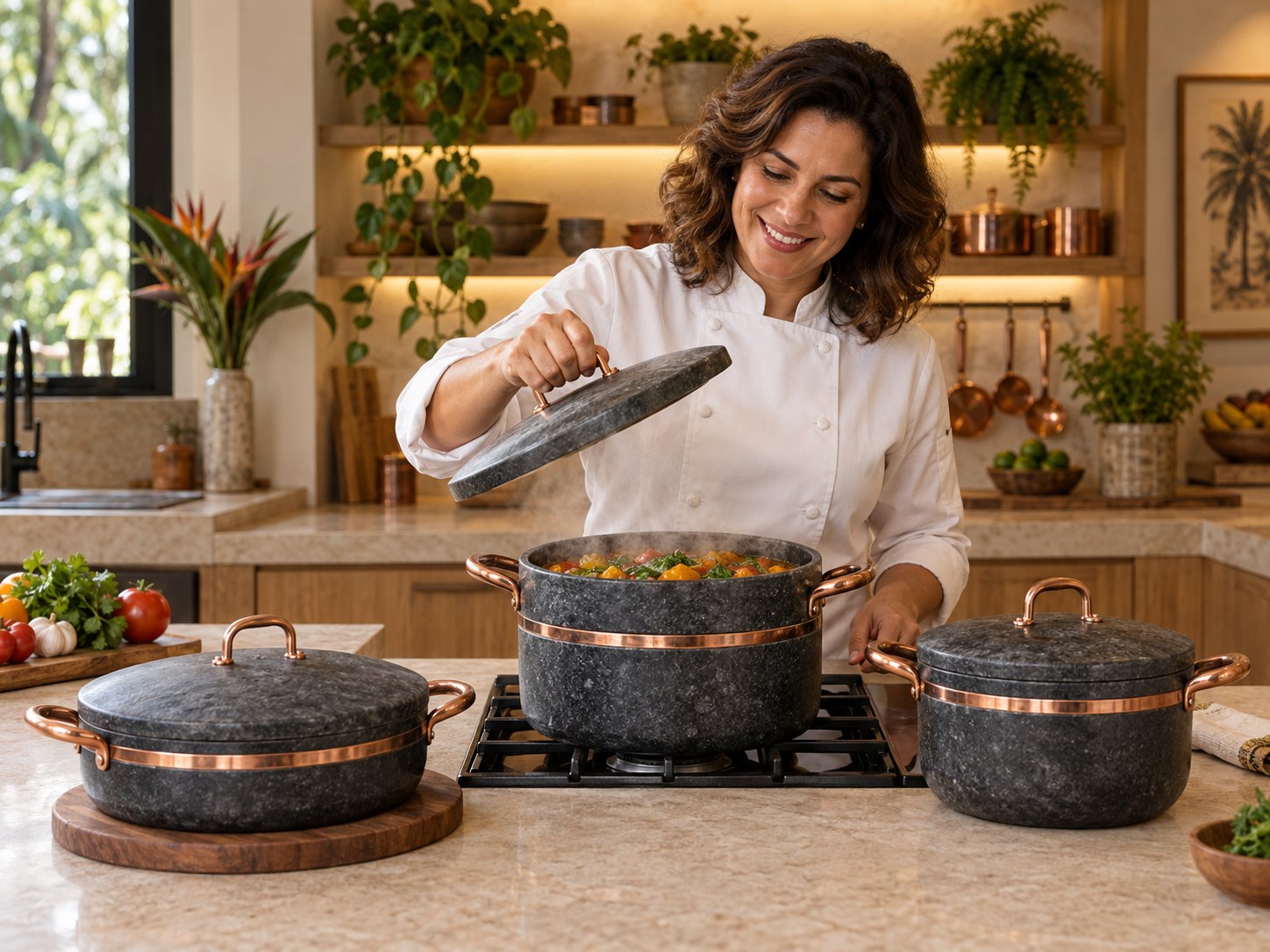 Panelas de pedra sabão Pedra Nobre em uma cozinha acolhedora