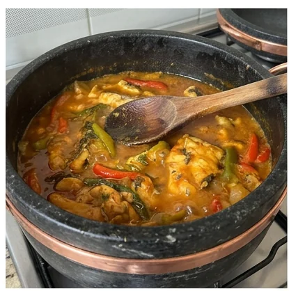 Preparo com legumes em uma panela de pedra sabão